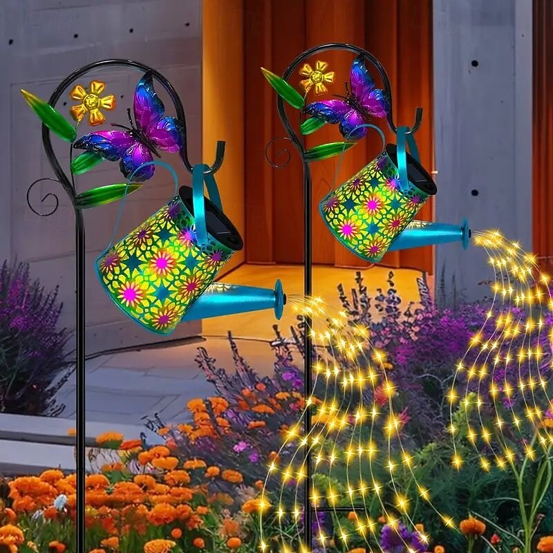 Solar Watering Kettle Light with Colorful Butterfly Shepherd Hook Waterproof Solar Garden Light Wrought Iron LED Outdoor Garden Light for Courtyard Terrace Sidewalk Lawn Decoration