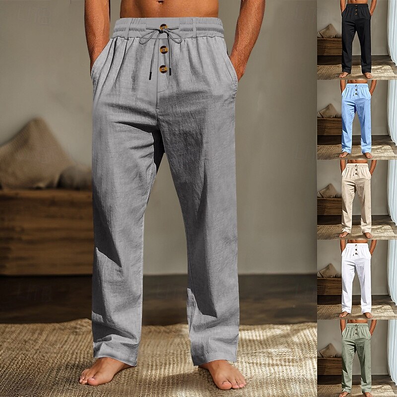 Men's Linen Pants Trousers Summer Pants Beach Pants Drawstring Elastic Waist Straight Leg Plain Comfort Breathable Full Length Home Casual Daily Fashion Classic Style Black White
