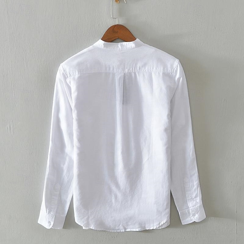 Men's Shirt Linen Shirt Casual Shirt Button Up Shirt Cotton Shirt Plain Vacation Hawaiian White Navy Blue Khaki Gray Long Sleeve Grandad Collar Spring Fall Clothing Apparel Button-Down2