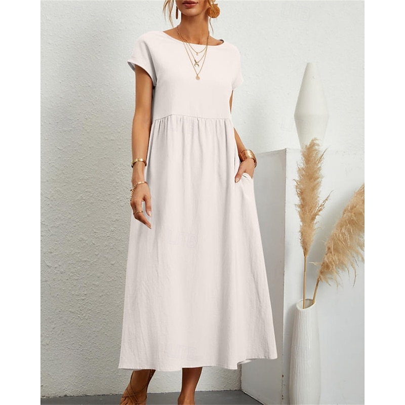 Women's Midi Dress Linen-Inspired Dresses Casual Dress Cotton Linen Dress A Line Dress Stylish Casual Vacation Daily Date Regular Fit Plain Short Sleeve Crew Neck White Pink Orange Summer Spring