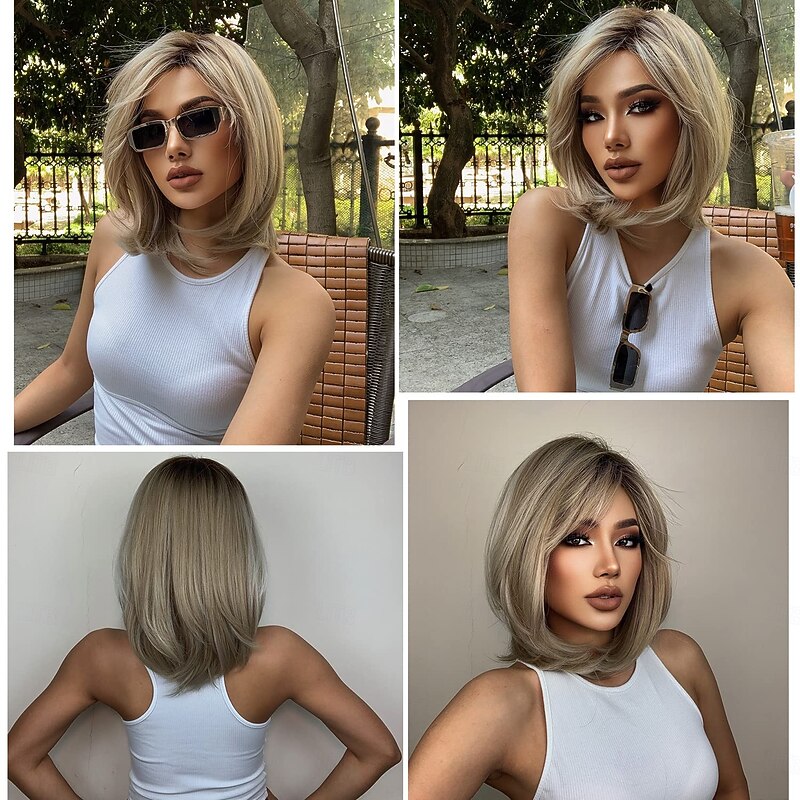 Blonde Wigs for Women Ombre Light Blonde Wig with Bangs Layered Middle Length Synthetic Wig Dark Roots Hair for Daily Party