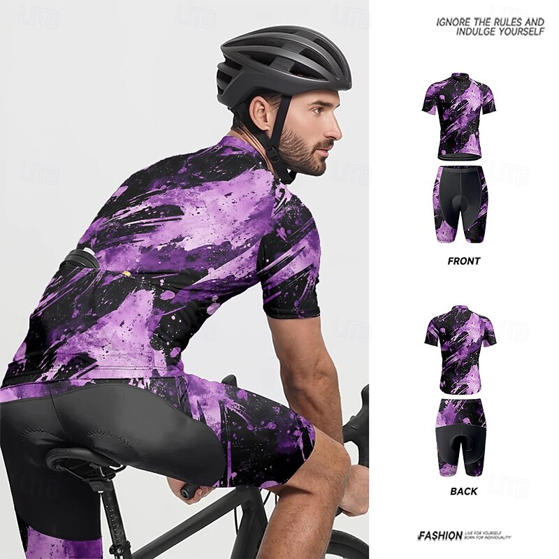 Men's Cycling Jersey with Shorts Graffiti Short Sleeve Bike Clothing Suit with 3 Rear Pockets Mountain Bike MTB Road Bike Cycling Front Zipper Sweat wicking Comfortable Breathable Sports Violet Dark