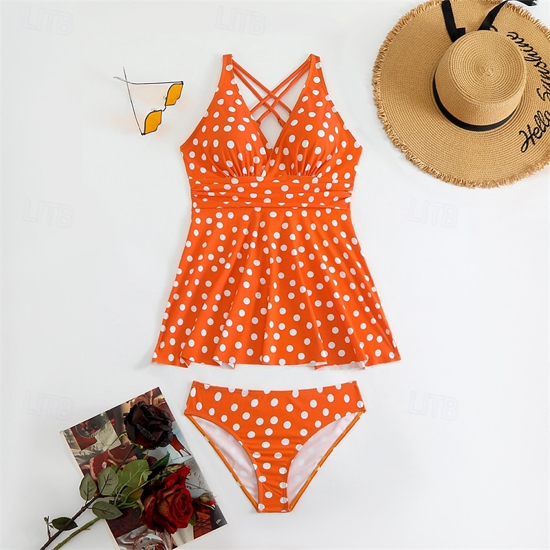 Women's Tankini Two Piece Swimsuit Criss Cross Swimwear Spot Swimwear Black Blue Breathable Quick Dry Lightweight Sleeveless - Swimming Surfing Beach Summer Spring Plus Size3