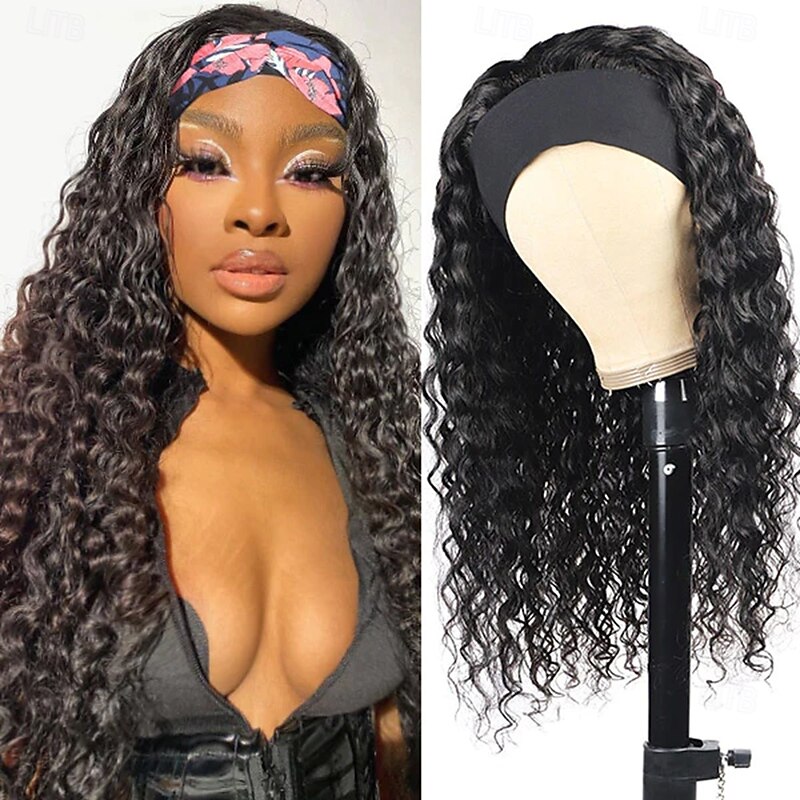 Human Hair Wig Full Mechanism Natural Color Headband Wig Deep Wave Wig 150% Density