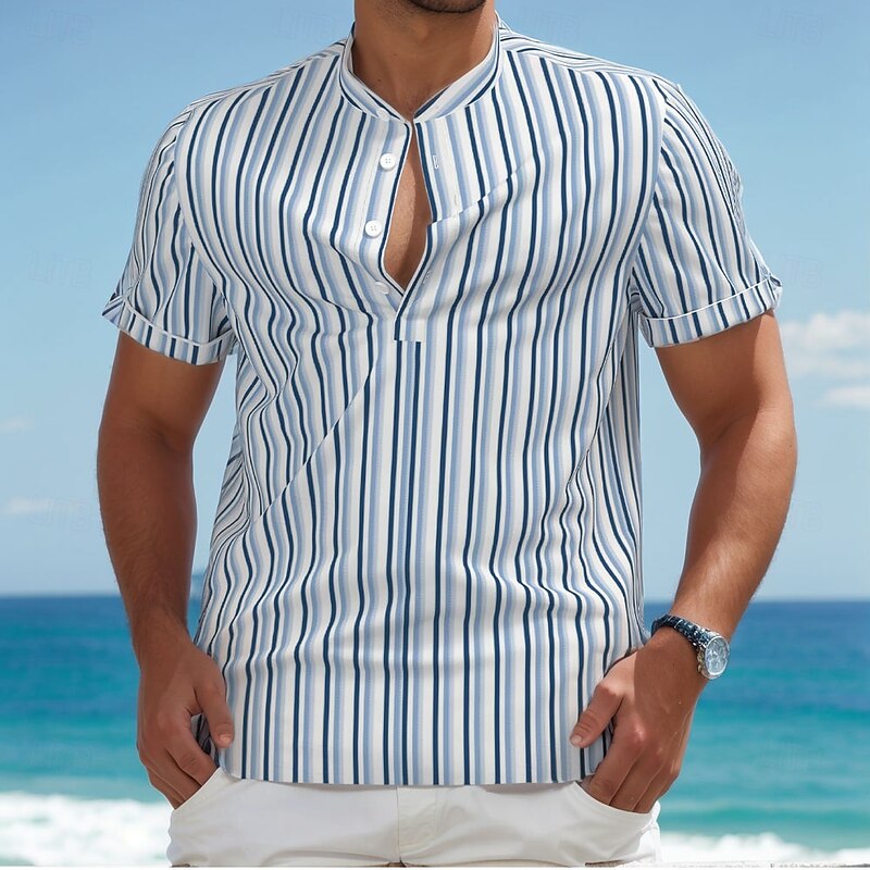 Men's Geometric Striped Shirt Button Down Shirt Short Sleeve Fashion Casual Vacation Holiday Streetwear Summer Spring Stand Collar Henley Collar Blue