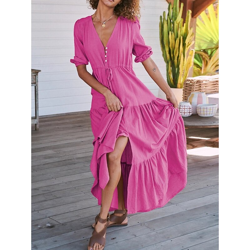 Women's Maxi Dress Casual Dress Swing Dress A Line Dress Casual Vacation Daily Regular Fit Plain Short Sleeve V Neck Black Navy Blue Fuchsia Green Summer4