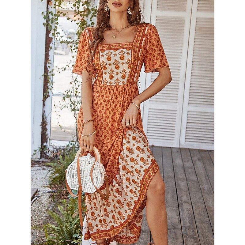 Women's Maxi Dress Casual Dress Swing Dress A Line Dress Stylish Casual Vacation Daily Regular Fit Floral Short Sleeve Square Neck Yellow Pink Orange Green Summer - Main Image