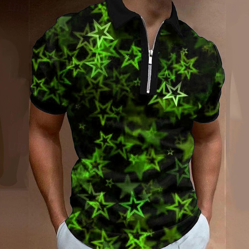 Men's Geometric Star Zip Polo Short Sleeve Turndown Casual Daily Outdoor Dailywear Athleisure Zipper Summer Violet Red Blue2