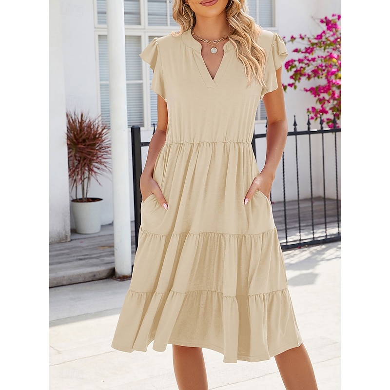 Women's Long Dress Maxi Dress Casual Dress Elegant Stylish Basic Vacation Work Casual Regular Fit Plain Short Sleeve V Neck Dark Brown Pink Dark Green Apricot Summer Spring3