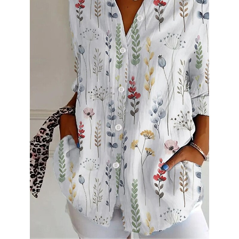 Women's Shirt Button Down Tunic Shirt Collar Long Sleeve Floral Graphic Daily Stylish Retro Vintage Regular Tops Daily Holiday Going out s White Spring3
