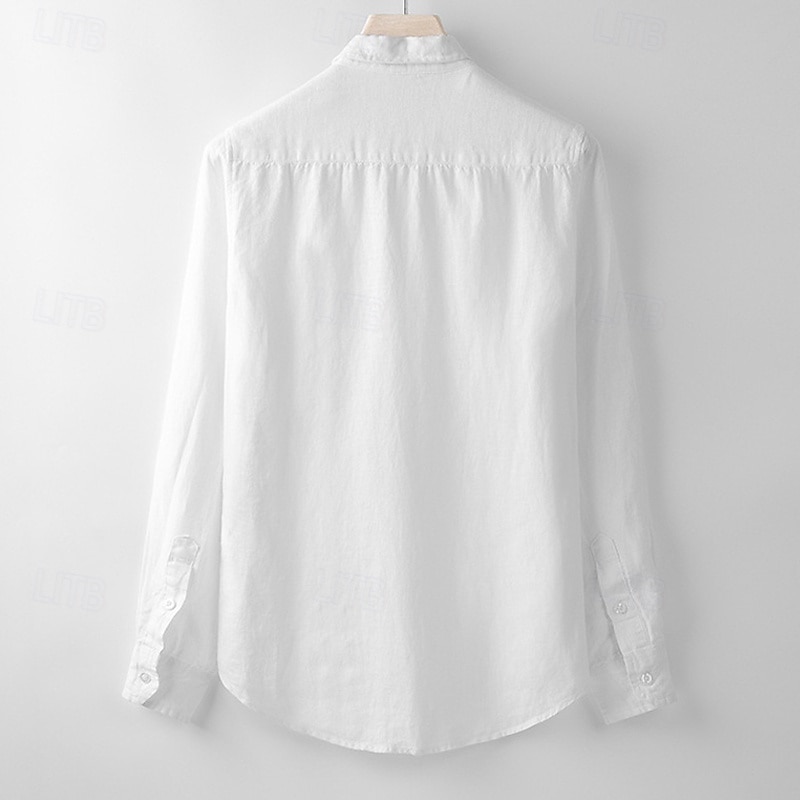 Men's Shirt Linen Shirt Casual Shirt Button Up Shirt Plain Vacation Hawaiian White Navy Blue Long Sleeve Lapel Spring Autumn / Fall Clothing Apparel Button-Down3