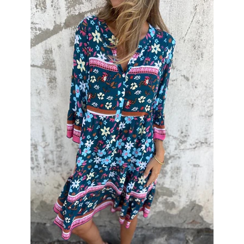 Women's Midi Dress A Line Dress Boho Dress Stylish Casual Vacation Daily Regular Fit Floral 3/4 Length Sleeve V Neck Navy Blue Royal Blue Purple Spring Fall