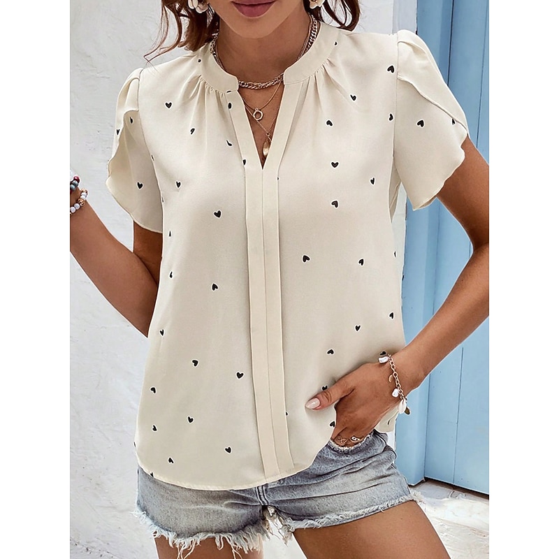 Women's Shirt Blouse Heart Elegant Daily Stylish Short Sleeve V Neck Regular Tops Work Daily Holiday Print Black Pink Beige Light Blue Summer Spring4