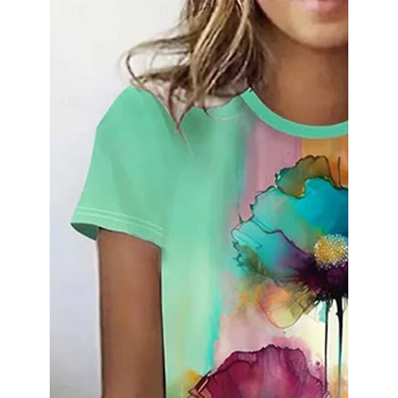 Women's T Shirt Floral Color Block Casual Short Sleeve Round Neck Regular Tops Daily Print Green Summer2