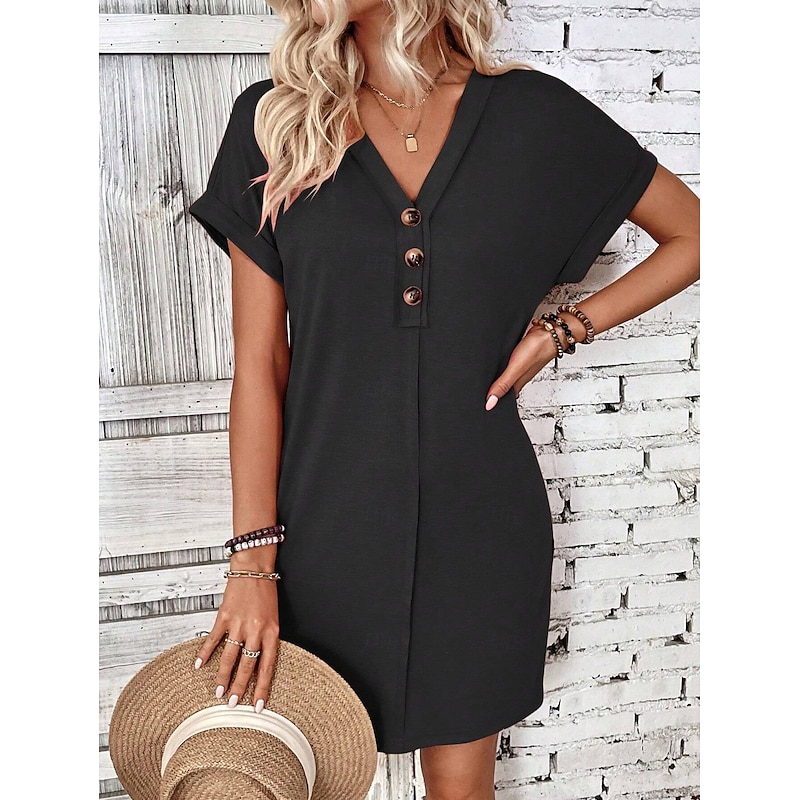 Women's Mini Dress Black Dress Knit Dress Casual Dress Cocktail Dress Basic Casual Vacation Daily Regular Fit Plain Short Sleeve V Neck Sage Green Black Pink Wine Summer Spring