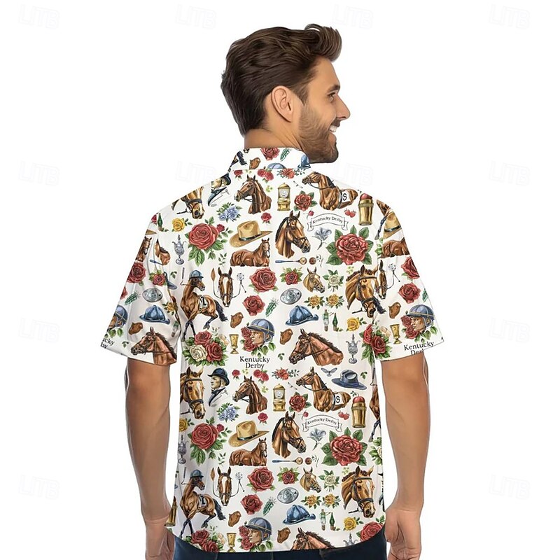 Kentucky Derby Men's Horse Racing Run for the Roses Shirt Button Up Shirt Short Sleeve Vintage Retro Holiday Festival Summer Spring Turndown 3D Print Funny Kentucky Derby Shirts White2