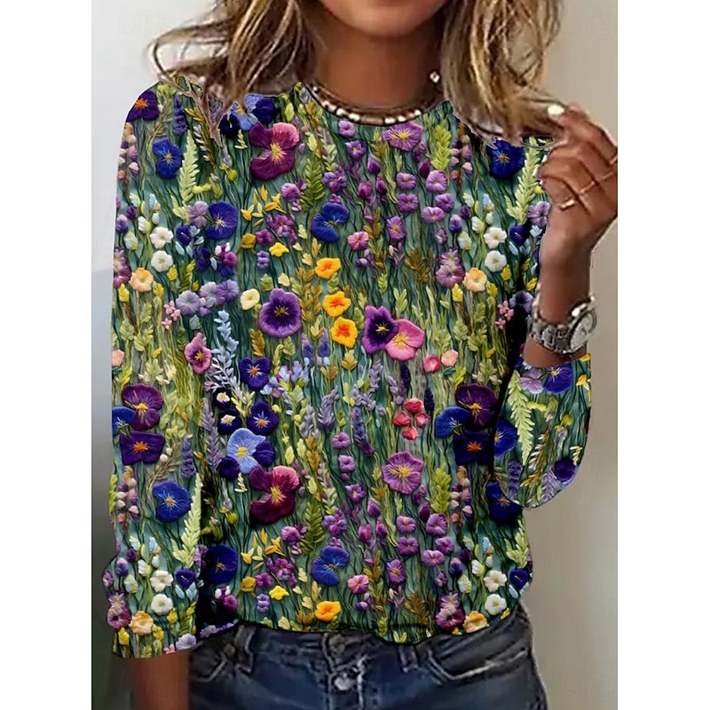 Women's T shirt Long Sleeve Crew Neck Long Sleeve Tunic Floral Elegant Vintage Regular Tops Daily Going out Weekend Print Sage Green Prefall