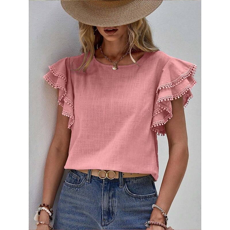 Women's Dressy Tops Elegant Short Sleeve Crew Neck Regular Tops Pink khaki Summer Spring2