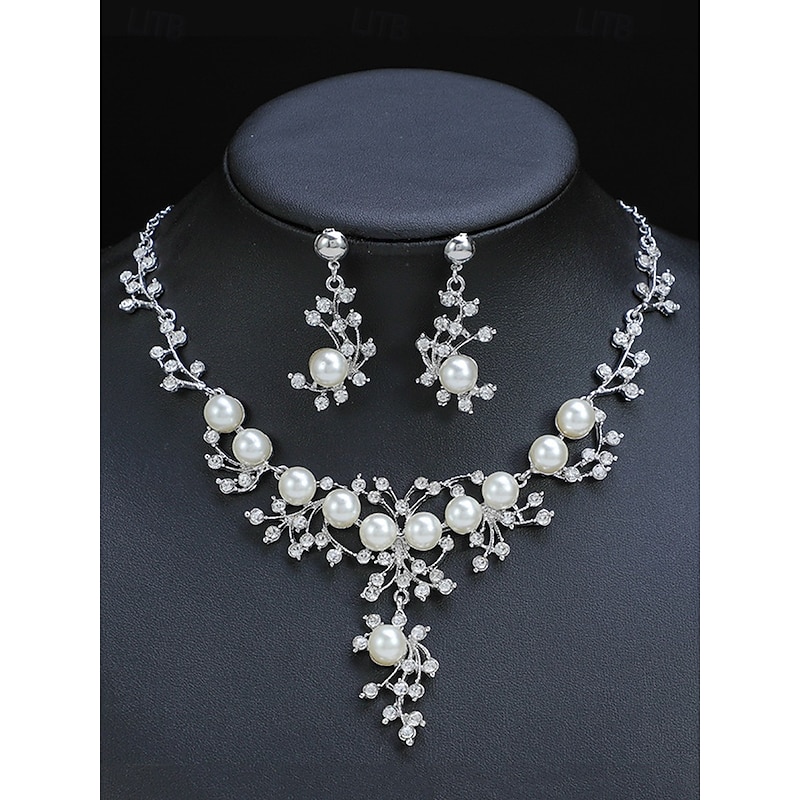 Elegant Pearl and Rhinestone Necklace and Earrings Set for Women – Bridal Jewelry for Weddings and Special Occasions