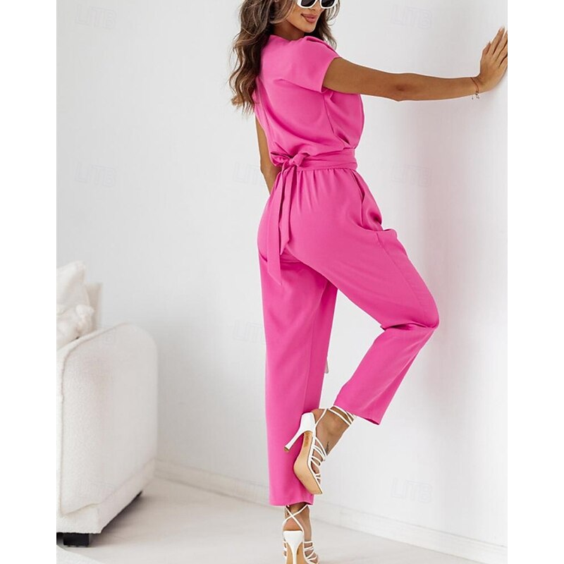 Women's Normal2 Pieces SetsStreetwear Casual Half Sleeve V Neck Solid Color Pocket Belted Street Daily Going out Black Fuchsia Apricot Summer Regular Fit4