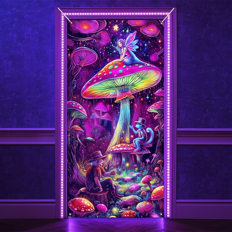 Blacklight Door Decorations Door Covers Glow in the Dark Mushroom Door Tapestry Door Curtain Decoration Backdrop Indoor/Outdoor Door Banner for Front Door Farmhouse