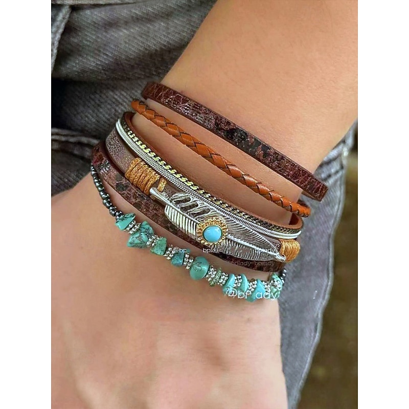 Boho Leather and Turquoise Magnetic Bracelet Wristband - Adjustable multi-layered design with feathers and gemstones, perfect for casual, summer and festival styles3