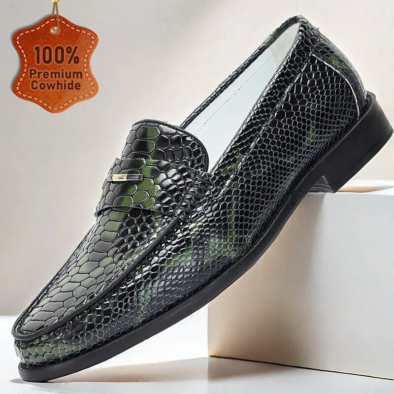 Men's Luxury Genuine Leather Loafers – Snake Pattern Slip-On Dress Shoes for Formal & Business Wear