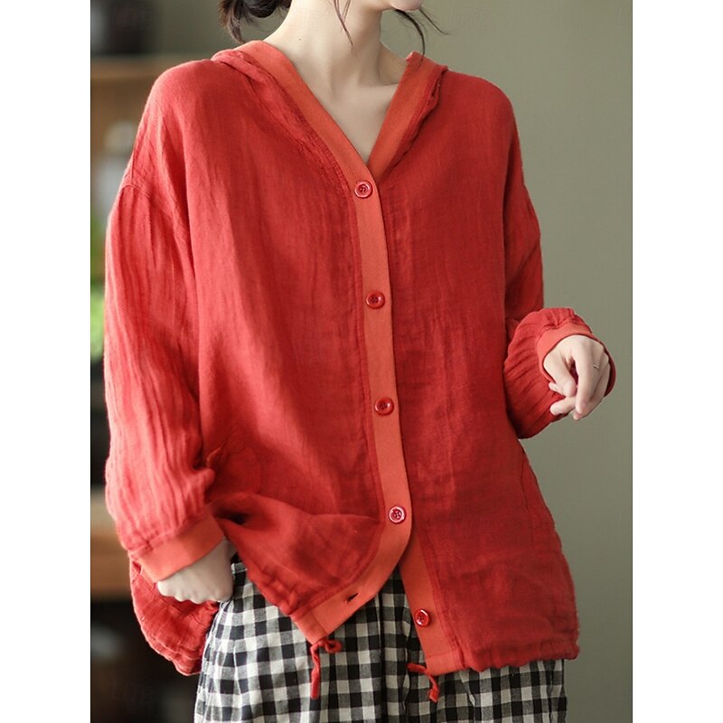 Women's Shirt Cotton Linen Shirts Button Up Blouse Solid Color Basic Casual Long Sleeve Hooded Regular Tops Daily Buttons White Red Blue Beige Summer4