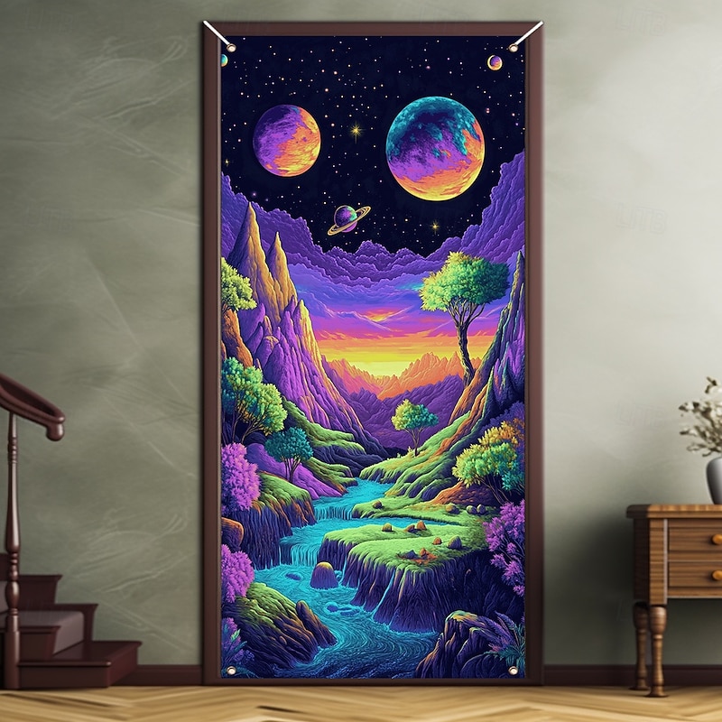 Blacklight Door Decorations Door Covers Glow in the Dark Landscape Waterfall Door Tapestry Door Curtain Decoration Backdrop Indoor/Outdoor Door Banner for Front Door Farmhouse4