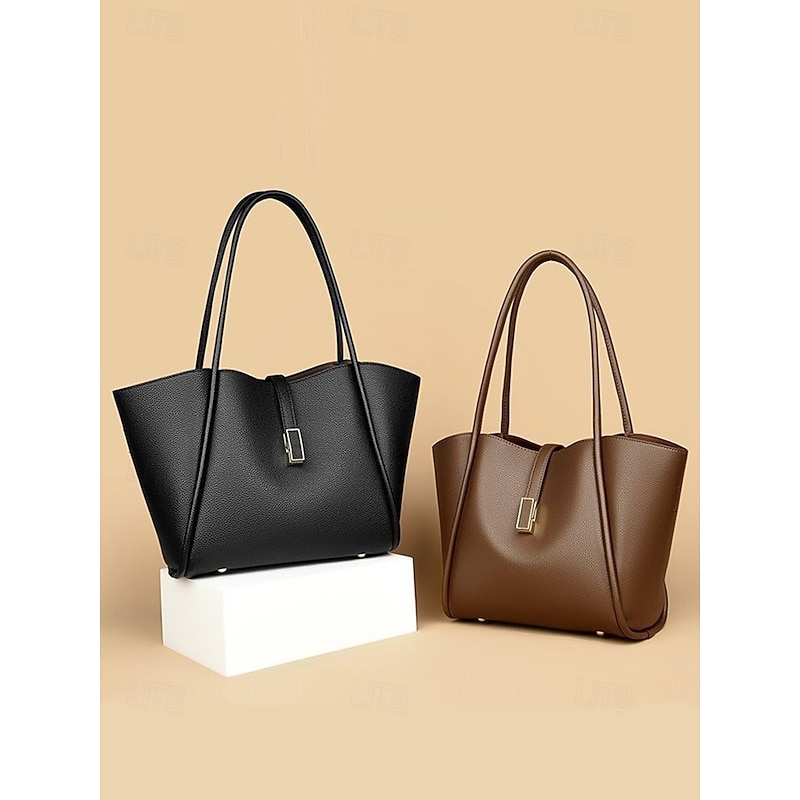 Women's Green Faux Leather Tote Bag, Simple Design, Gold Buckle Decoration - Stylish and Practical Tote Bag for Work, Shopping and Daily Use Black White Red4