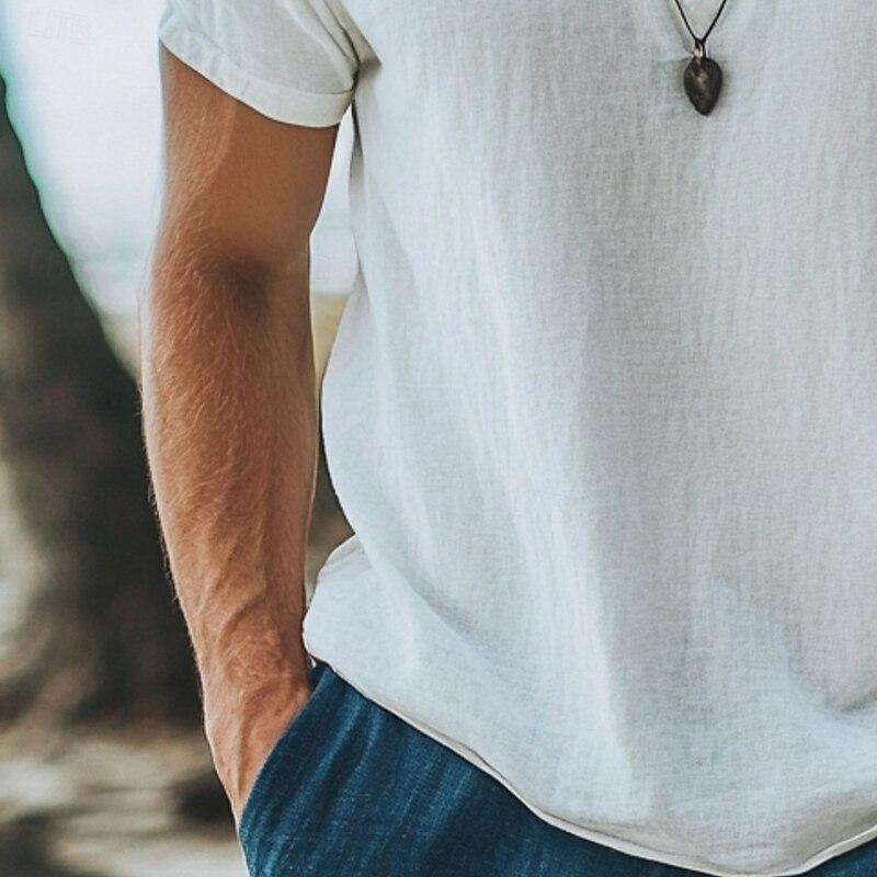 Men's T Shirt Cotton Linen T Shirt Tee Top Short Sleeves V Neck Summer Solid Color Fashion Designer Basic V Neck Vacation Street Going out White Top Tee for Men2