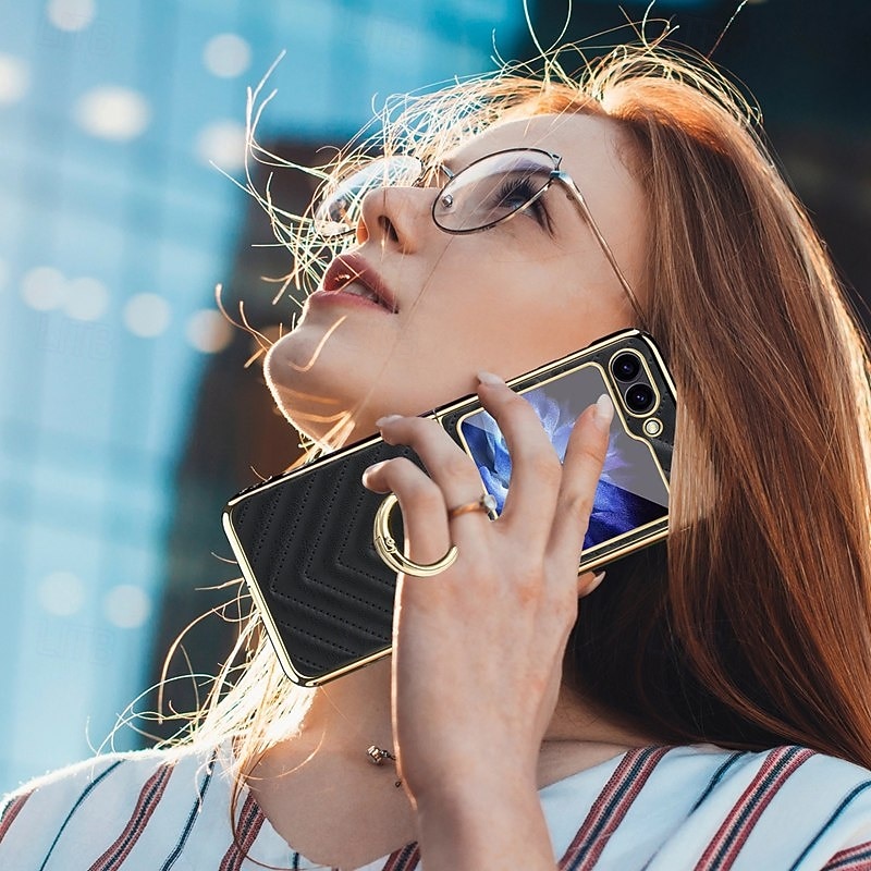 Phone Case For Samsung Galaxy Z Flip 6 Z Flip 5 Z Flip 4 Z Flip 3 Back Cover Ring Holder Shockproof Retro PU Leather4