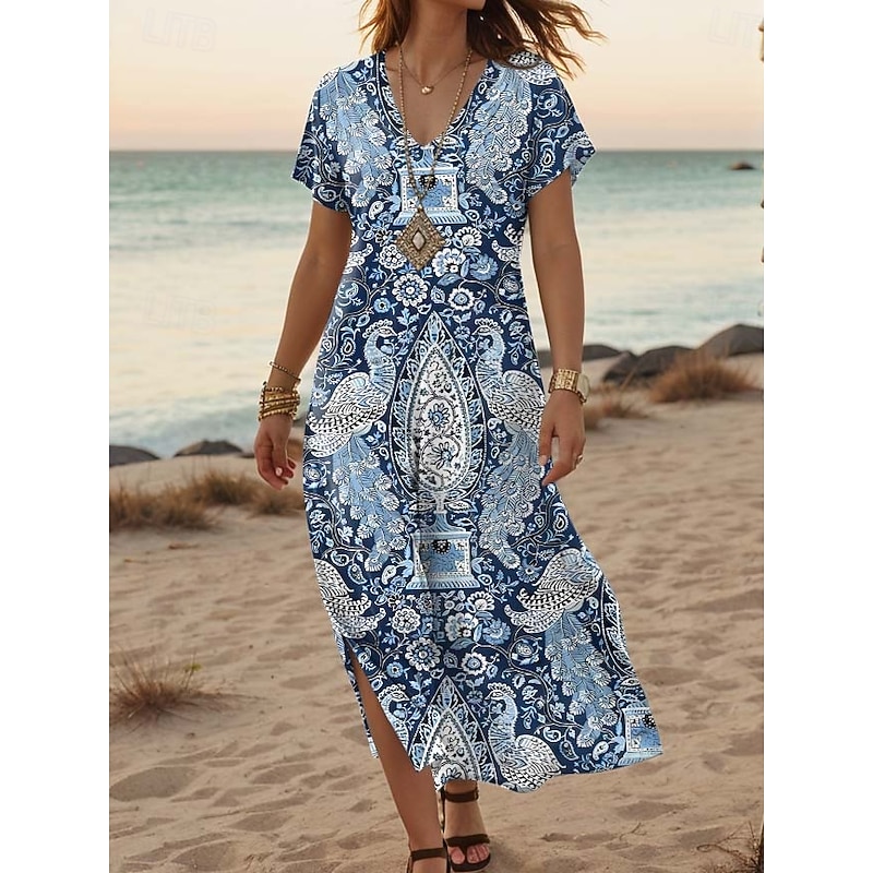 Women's Maxi Dress Casual Dress A Line Dress Stylish Casual Vacation Daily Regular Fit Floral Short Sleeve V Neck Red Blue Orange Green Summer Spring4
