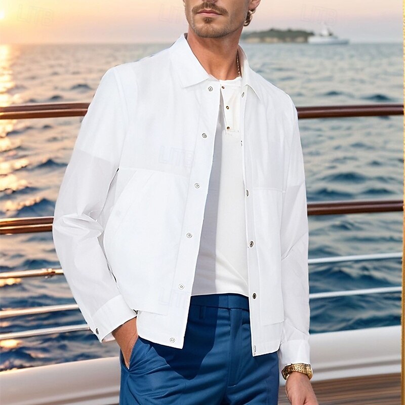 Men's Shirt Jacket Overshirts Transition Jacket Vacation Sun Protection Pocket Summer Plain Casual Lapel Regular White Orange Green Jacket