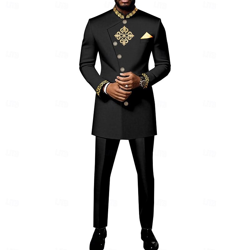 Men's Africa Festival Party Suits Black White Solid Colored Standard Fit 2 Piece Single Breasted More-button3