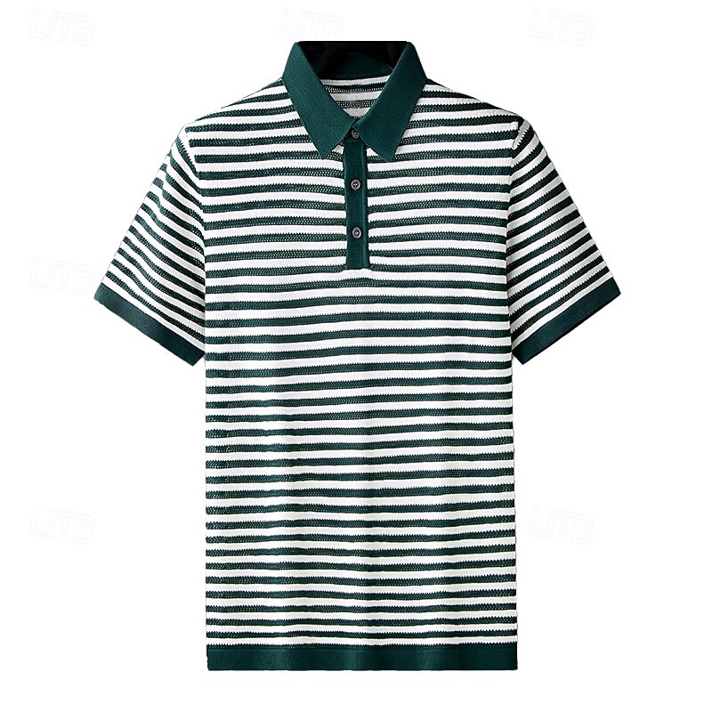 Men's Polo Knit Polo Sweater Business Casual Lapel Short Sleeve Formal Stripes Buttons Summer Black Light Green Dark Green Brown Polo4