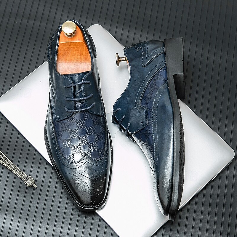 Men's Blue Derby Shoes - Faux Leather & Suede Brogue Design with Embossed Details, Stylish Casual & Formal Footwear for Men, Ideal for Office, Events & Everyday Wear2