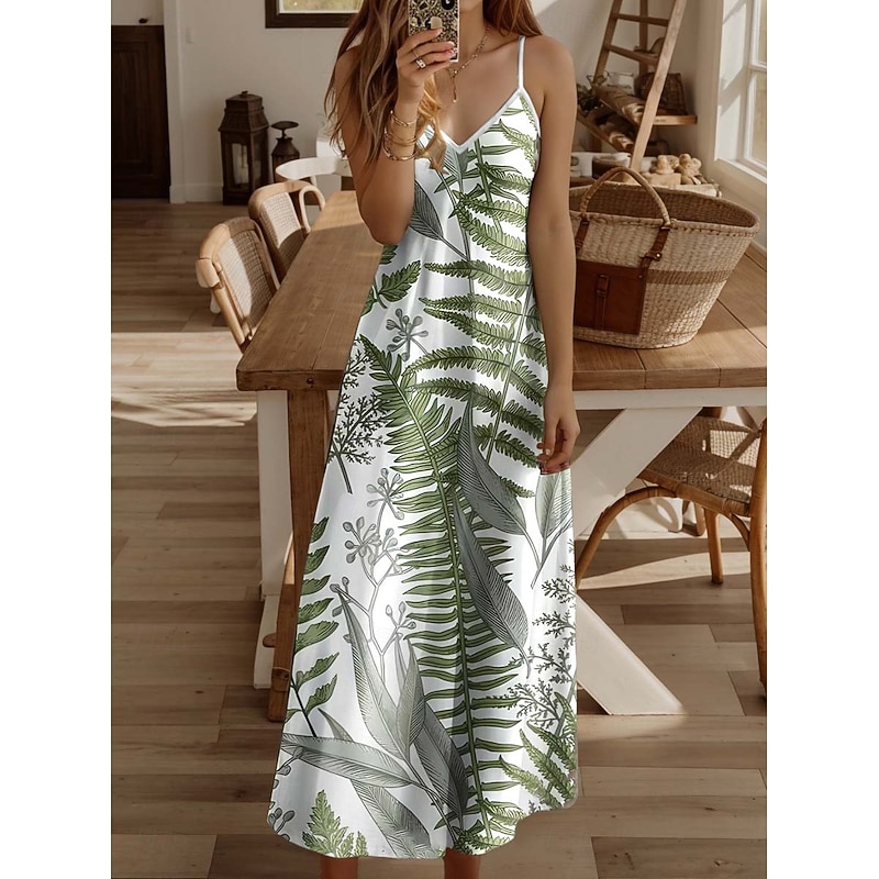 Women's Maxi Dress Casual Dress Sundress A Line Dress Vacation Tropical Casual Vacation Casual Daily Regular Fit Floral Leaf Sleeveless V Neck Black White Yellow Light Green Summer Spring