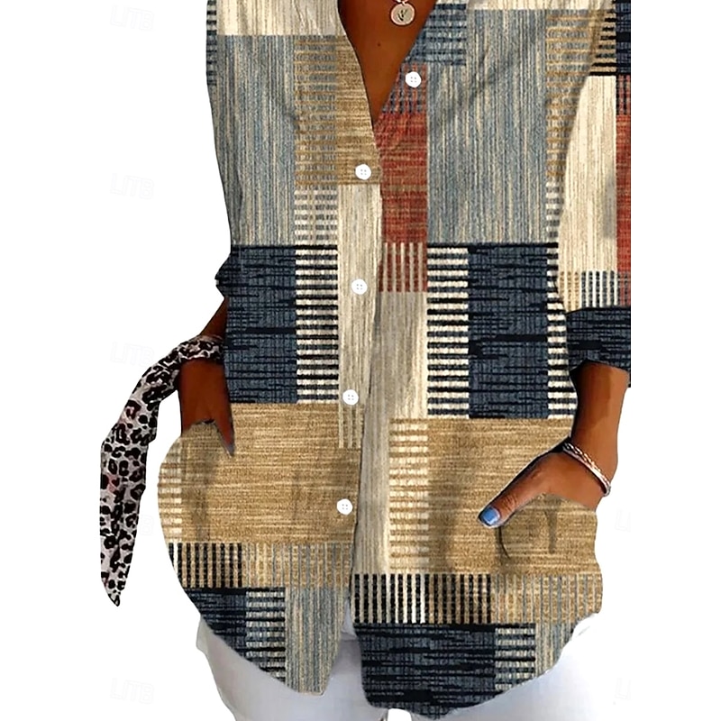 Women's Shirt Button Down Tunic Shirt Collar Long Sleeve Graphic Plaid Daily Stylish Retro Vintage 3/4 Length Sleeve Regular Tops Daily Holiday Going out s Khaki Spring3