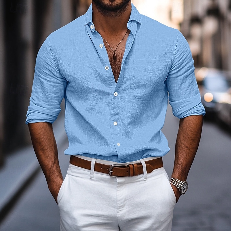Men's Shirt Linen Shirt Summer Shirt Button Up Shirt Plain Street Casual White Gray Light Blue Long Sleeve Collar Spring & Summer Clothing Apparel3