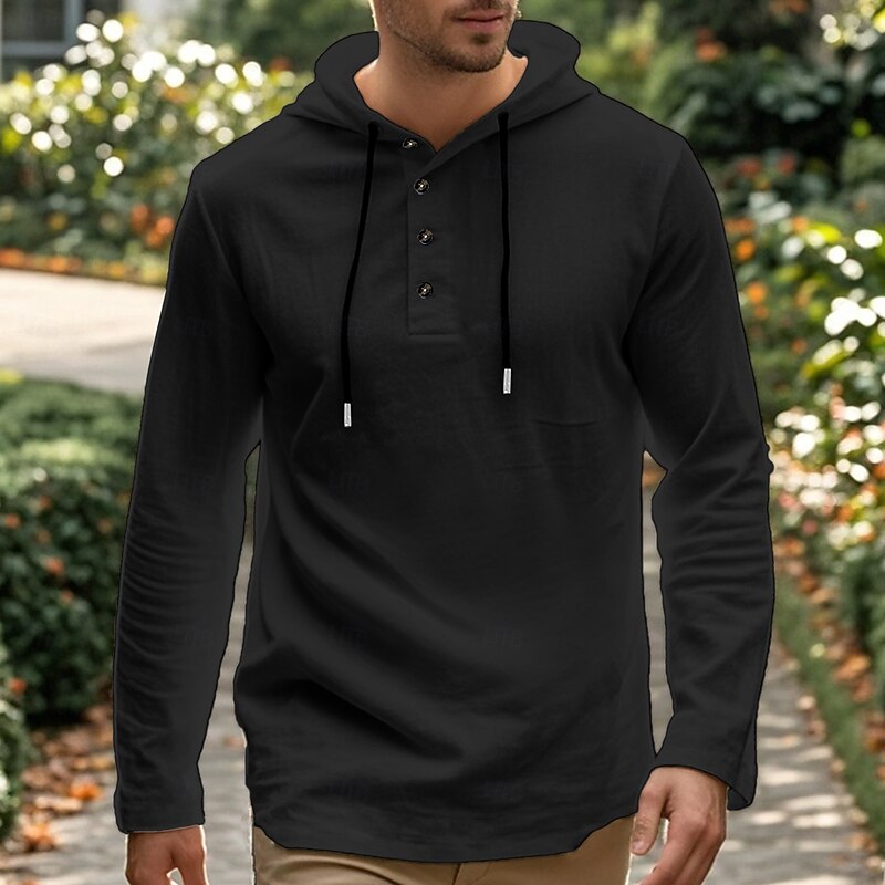 Men's Shirt Beach Wear Hooded Shirt Solid / Plain Color Street Going out Black White Khaki Gray Long Sleeve Hooded Summer Clothing Apparel Adjustable Drawstring Hood4