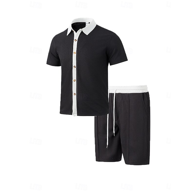 Men's T-shirt Suits 2 Pieces Outfits Tee & Shorts Short Sleeve Lapel Summer Color Block Fashion Casual 2 Piece Vacation Daily Wear Going out Black White Wine Top Tee for Men3