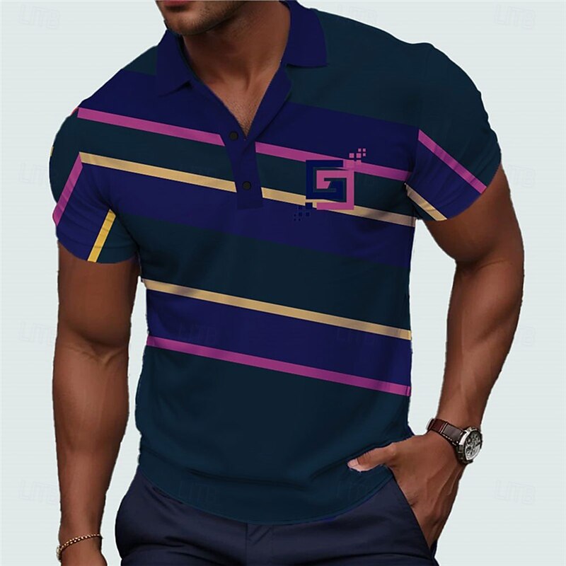 Men's Striped Golf Shirt Short Sleeve Polo Shirts Collared Shirts Business Casual Vacation Wear Formal Wear Festival Wear Buttons 3D Print Summer Pink Red Purple3