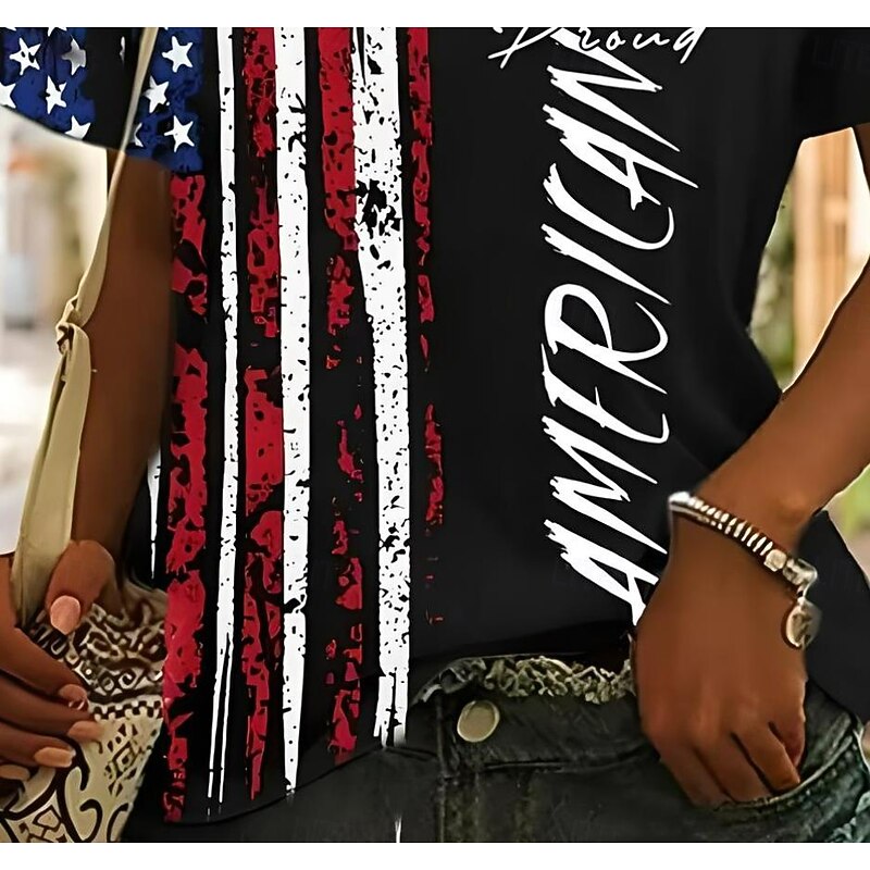 Independence Day Women's T Shirt Flag American Flag National Flag Stylish Casual Short Sleeve V Neck Regular Tops Daily Weekend Print Black Summer Spring3