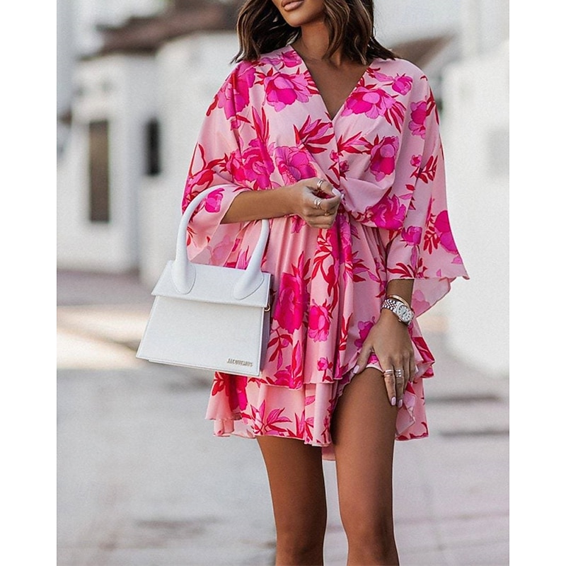 Women's Mini Dress Casual Dress Summer Dress Print Dress Fashion Outdoor Holiday Date Regular Fit Floral Long Sleeve V Neck Pink Purple Orange Summer Spring