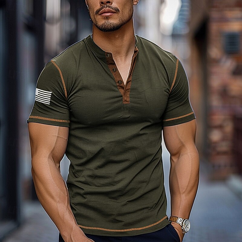 Men's Flag Color Block Henley Shirt Tee Short Sleeve Vintage Fashion Designer Outdoor Casual Daily Spring &  Fall Gray Army Green Navy Blue Henley Henley T-Shirt