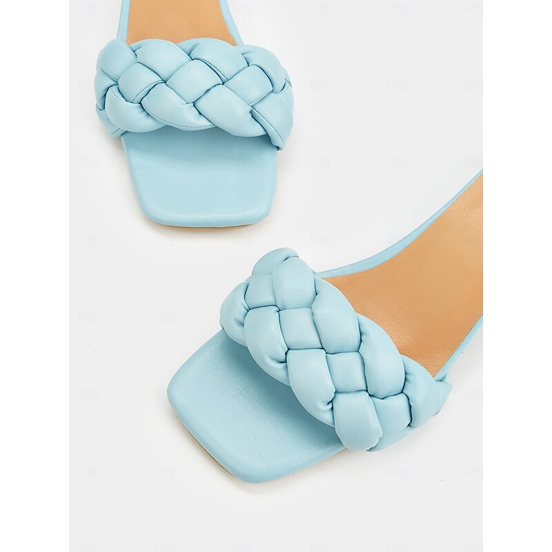Women's Light Blue Braided Strap Heeled Mules – Trendy Square Toe Summer Sandals4
