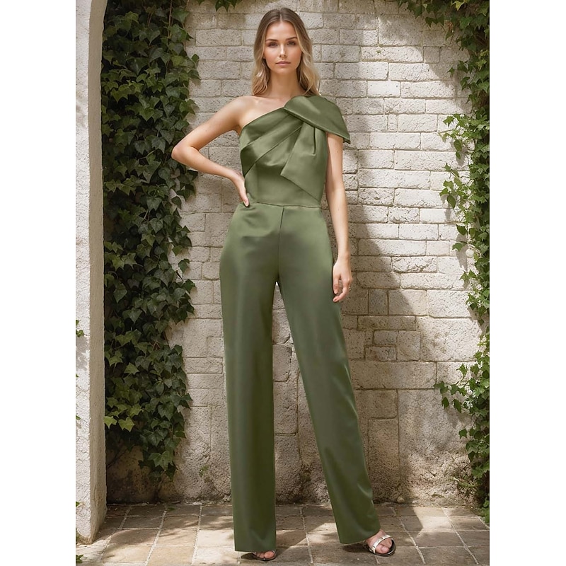 Jumpsuits Evening Gown Elegant Dress WIth Detachable Skirt Wedding Guest Dress Floor Length Sleeveless One Shoulder Satin with Bow(s)2