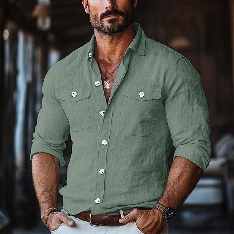 Men's Shirt Linen Shirt Summer Shirt Button Up Shirt Solid Color Vacation Street White Green Khaki Light Blue Long Sleeve Collar Clothing Apparel Pocket4