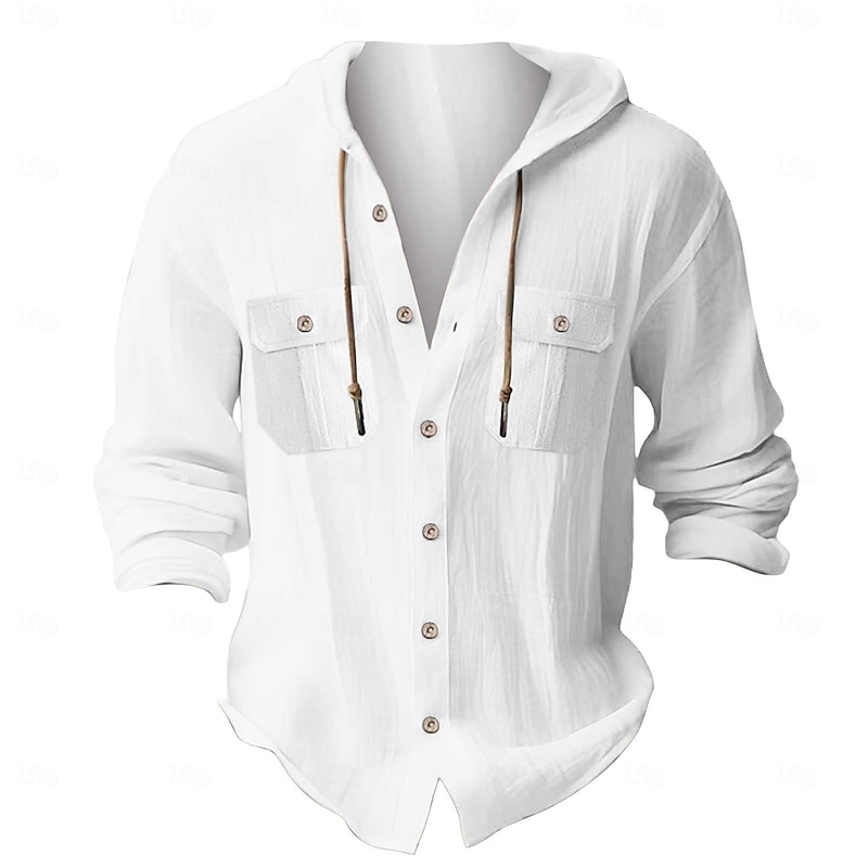 Men's Shirt White Cotton Shirt Casual Shirt Button Up Shirt Cotton Shirt Plain Vacation Street Black White Dark Navy Blue Long Sleeve Hooded Spring Clothing Apparel Pocket3